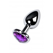 Серебристая коническая анальная пробка с фиолетовым кристаллом-сердечком - 7 см. - ToyFa - купить с доставкой в Красноярске