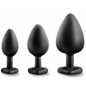 Набор из 3 черных пробок с прозрачным кристаллом-сердечком Bling Plugs Training Kit - Blush Novelties - купить с доставкой в Красноярске