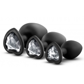 Набор из 3 черных пробок с прозрачным кристаллом-сердечком Bling Plugs Training Kit - Blush Novelties - купить с доставкой в Красноярске