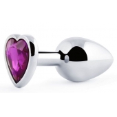 Серебристая анальная пробка с фиолетовым кристаллом-сердечком - 8 см. - Anal Jewelry Plug - купить с доставкой в Красноярске
