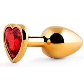 Золотистая анальная пробка с красным стразом-сердечком - 8 см. - Anal Jewelry Plug - купить с доставкой в Красноярске