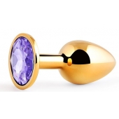 Золотистая анальная пробка с фиолетовым стразом - 7,2 см. - Anal Jewelry Plug - купить с доставкой в Красноярске