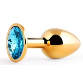 Золотистая анальная пробка с голубым стразом - 7,2 см. - Anal Jewelry Plug - купить с доставкой в Красноярске