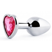 Серебристая анальная пробка с розовым кристаллом-сердечком - 7 см. - Anal Jewelry Plug - купить с доставкой в Красноярске