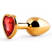 Золотистая анальная пробка с красным стразом-сердечком - 7 см. - Anal Jewelry Plug - купить с доставкой в Красноярске