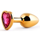 Золотистая анальная пробка с малиновым кристаллом-сердечком - 7 см. - Anal Jewelry Plug - купить с доставкой в Красноярске