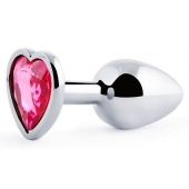 Серебристая анальная пробка с малиновым кристаллом-сердечком - 7 см. - Anal Jewelry Plug - купить с доставкой в Красноярске