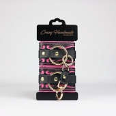 Черные кожаные наручники с розовой строчкой - Crazy Handmade - купить с доставкой в Красноярске