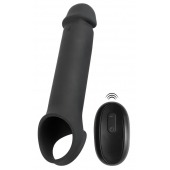 Черная вибронасадка для пениса с хомутом для мошонки и пультом ДУ Remote Controlled Penis Extension - Orion - в Красноярске купить с доставкой
