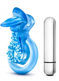 Голубое эрекционное виброкольцо 10 Function Vibrating Tongue Ring - Blush Novelties - в Красноярске купить с доставкой