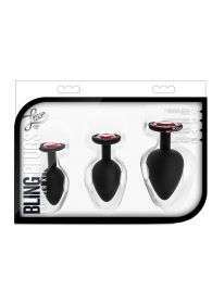 Набор черных анальных пробок с красным кристаллом-сердечком Bling Plugs Training Kit - Blush Novelties - купить с доставкой в Красноярске