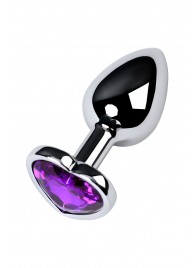 Серебристая коническая анальная пробка с фиолетовым кристаллом-сердечком - 7 см. - ToyFa - купить с доставкой в Красноярске