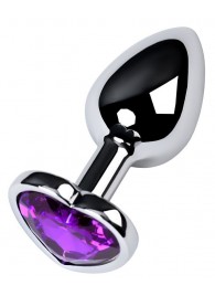 Серебристая коническая анальная пробка с фиолетовым кристаллом-сердечком - 7 см. - ToyFa - купить с доставкой в Красноярске