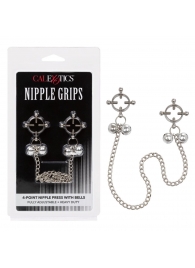 Металлические зажимы для сосков на цепочке Nipple Grips 4-Point Nipple Press with Bells - California Exotic Novelties - купить с доставкой в Красноярске