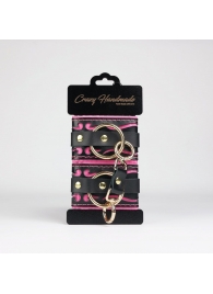 Черные кожаные наручники с розовой строчкой - Crazy Handmade - купить с доставкой в Красноярске