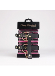 Черные кожаные оковы с розовой строчкой - Crazy Handmade - купить с доставкой в Красноярске