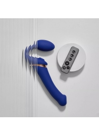 Синий безремневой страпон Multi Orgasm Bendable Strap-On size XL с клиторальной стимуляцией - Strap-on-me - купить с доставкой в Красноярске