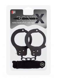 Чёрные наручники из листового металла в комплекте с веревкой BONDX METAL CUFFS LOVE ROPE SET - Dream Toys - купить с доставкой в Красноярске