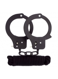 Чёрные наручники из листового металла в комплекте с веревкой BONDX METAL CUFFS LOVE ROPE SET - Dream Toys - купить с доставкой в Красноярске