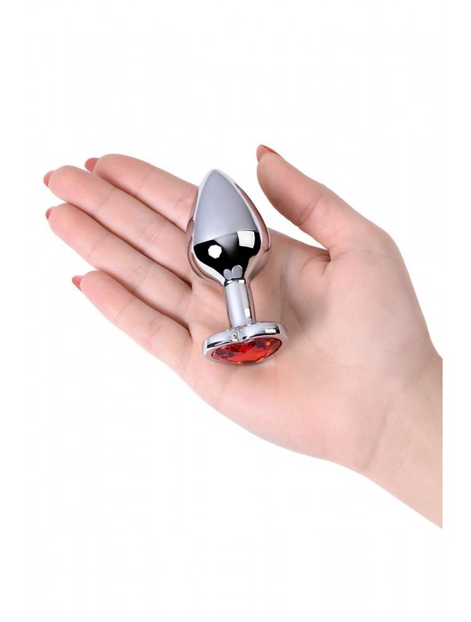 Серебристая коническая анальная пробка с красным кристаллом-сердечком - 7 см. - ToyFa - купить с доставкой в Красноярске