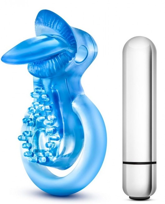 Голубое эрекционное виброкольцо 10 Function Vibrating Tongue Ring - Blush Novelties - в Красноярске купить с доставкой