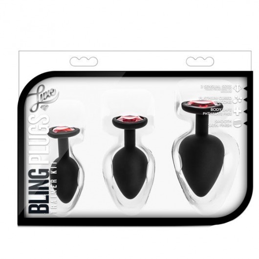 Набор черных анальных пробок с красным кристаллом-сердечком Bling Plugs Training Kit - Blush Novelties - купить с доставкой в Красноярске