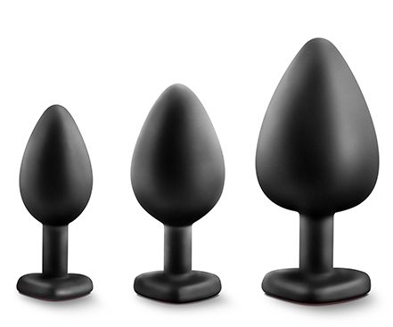Набор черных анальных пробок с красным кристаллом-сердечком Bling Plugs Training Kit - Blush Novelties - купить с доставкой в Красноярске