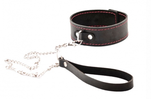 Черный широкий ошейник с красной строчкой и поводком - Crazy Handmade - купить с доставкой в Красноярске