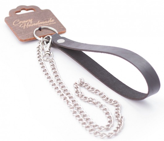 Серебристый металлический поводок с кожаной черной ручкой - 80 см. - Crazy Handmade - купить с доставкой в Красноярске