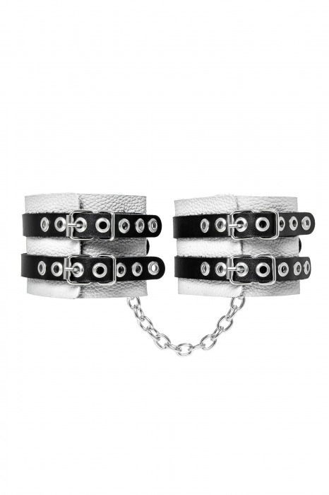 Бело-черные оковы с двумя ремешками и люверсами - Pecado - купить с доставкой в Красноярске
