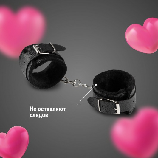 Черные наручники из эко-кожи с мехом - Волшебная страна - купить с доставкой в Красноярске