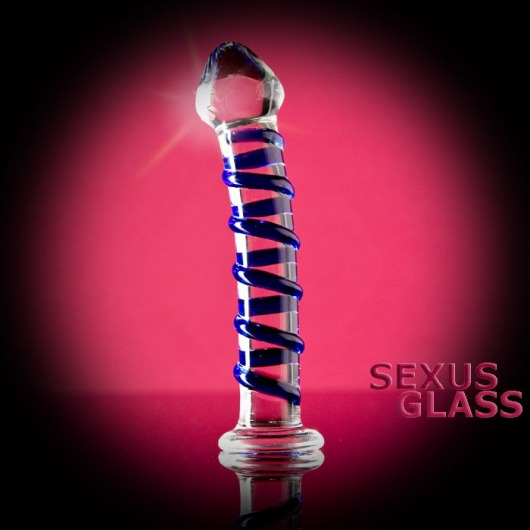 Фаллоимитатор из стекла с синей спиралью - 18 см. - Sexus купить с доставкой в интернет-магазине Orgasmix в Красноярске Фаллоимитатор из стекла с синей спиралью - 18 см. - Sexus
