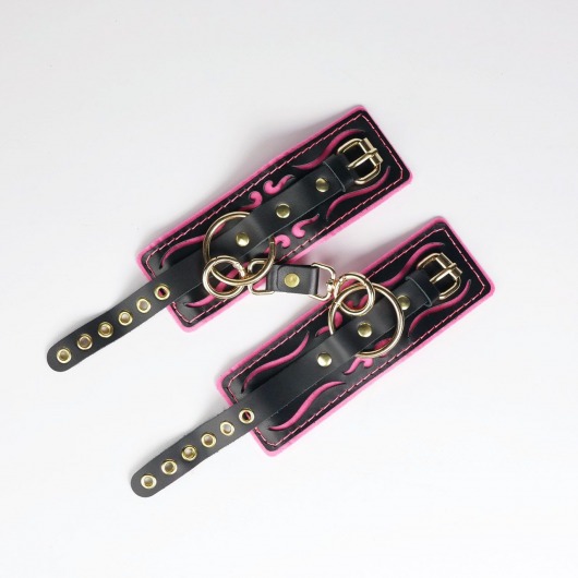 Черные кожаные наручники с розовой строчкой - Crazy Handmade - купить с доставкой в Красноярске