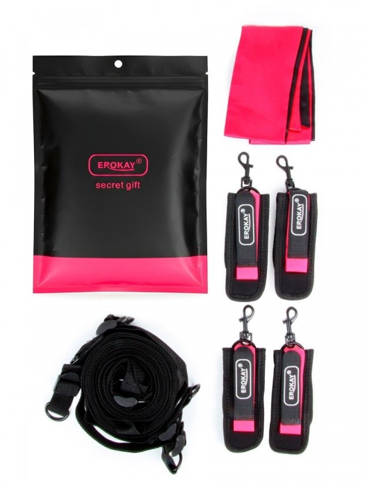 Черно-розовый эротический набор: фиксатор, оковы, наручники, повязка - Erokay - купить с доставкой в Красноярске