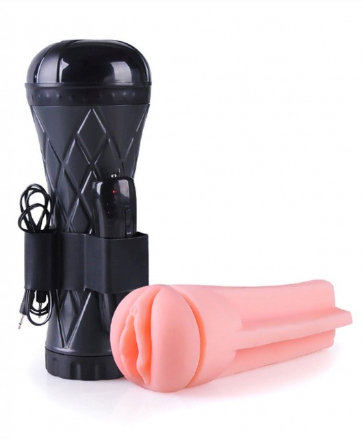 Телесный мастурбатор-вагина в черной колбе с вибрацией - Boys of Toys - в Красноярске купить с доставкой