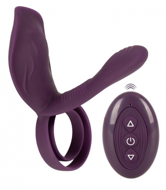Фиолетовая насадка на член с клиторальным отростком и пультом ДУ RC Couple’s Vibrator 2 - Orion - в Красноярске купить с доставкой